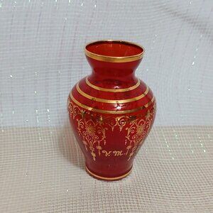 Vintage Vecchia Murano Red Art Glass Bud Vase-24kt Gold Trim